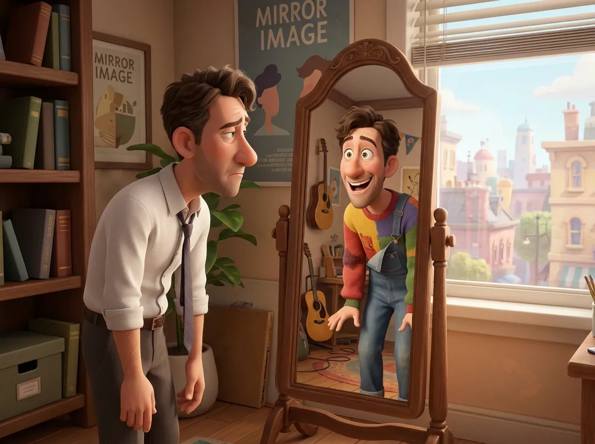 Homme en chemise, reflet en costume et perplexe