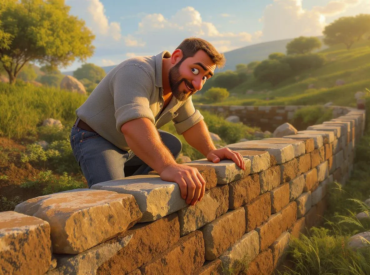 Homme bâtit mur en pierre, fin d'après-midi.