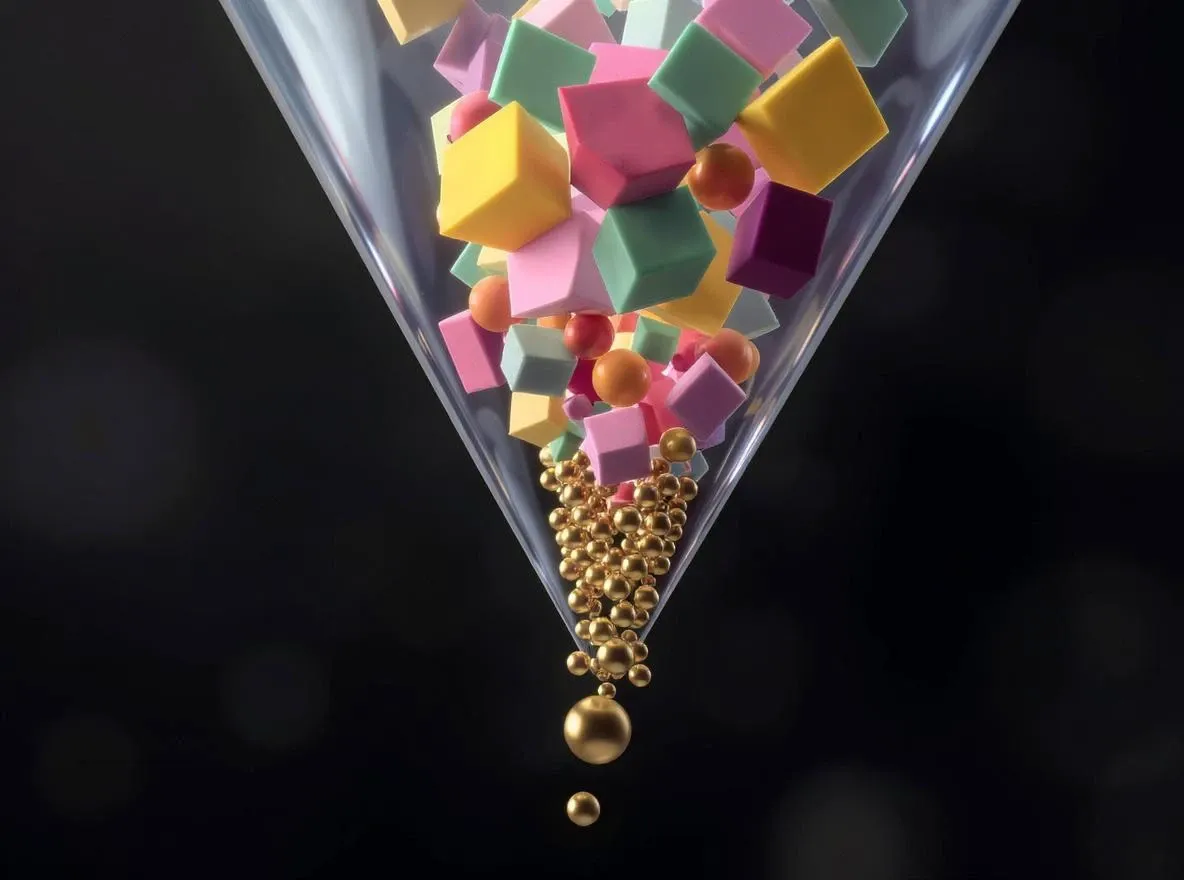 Entonnoir : formes variées en entrée, sphères dorées en sortie