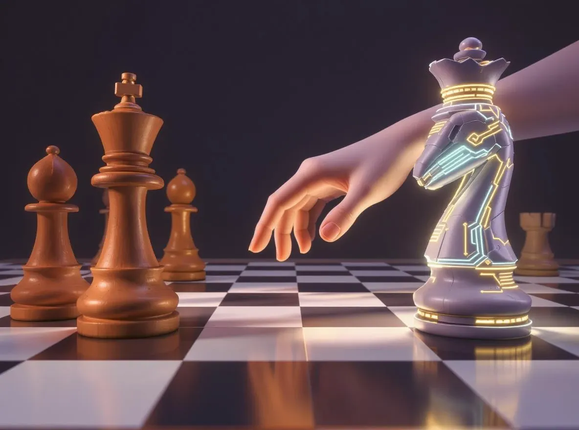 Échiquier: roi bois et roi lumière, main joue