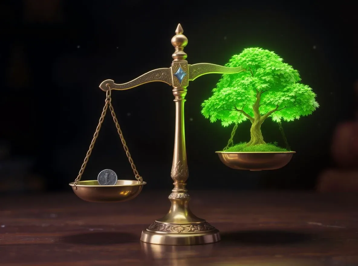 Balance, pièce et jeune arbre lumineux