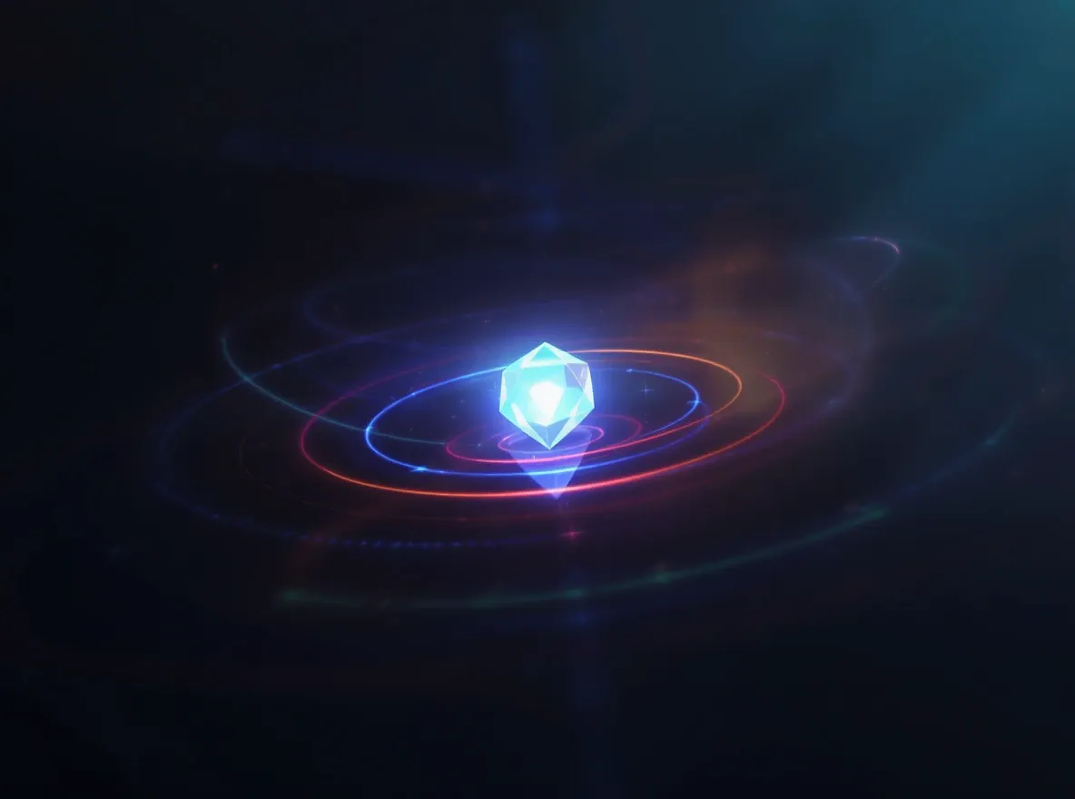 Gemme lumineuse protégée par anneaux rotatifs colorés.