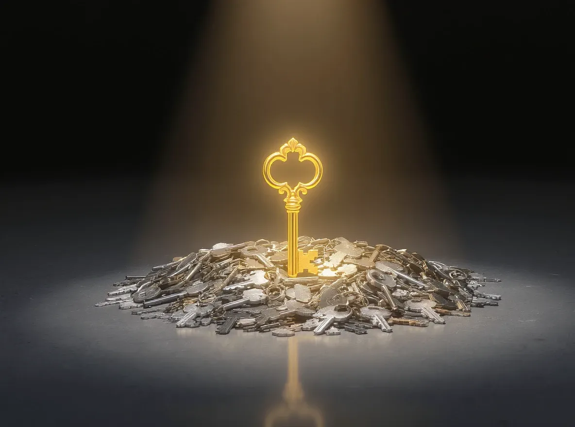 Clé dorée éclatante et clés grises ternes