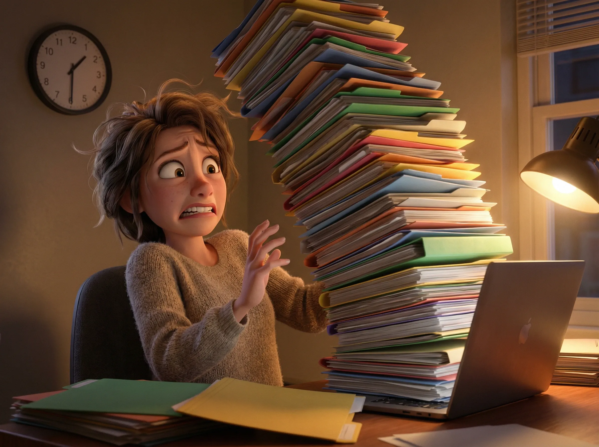 Femme stressée devant un bureau désordonné