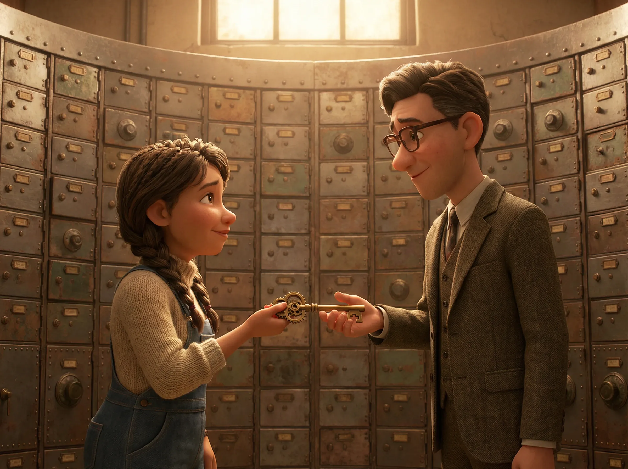 Remise de clé devant des compartiments de coffre-fort