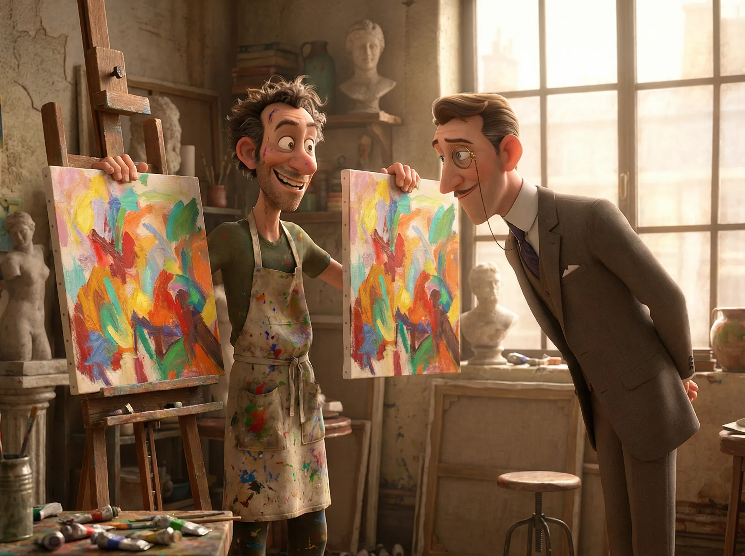 Peintre et client cherchent la différence entre deux toiles