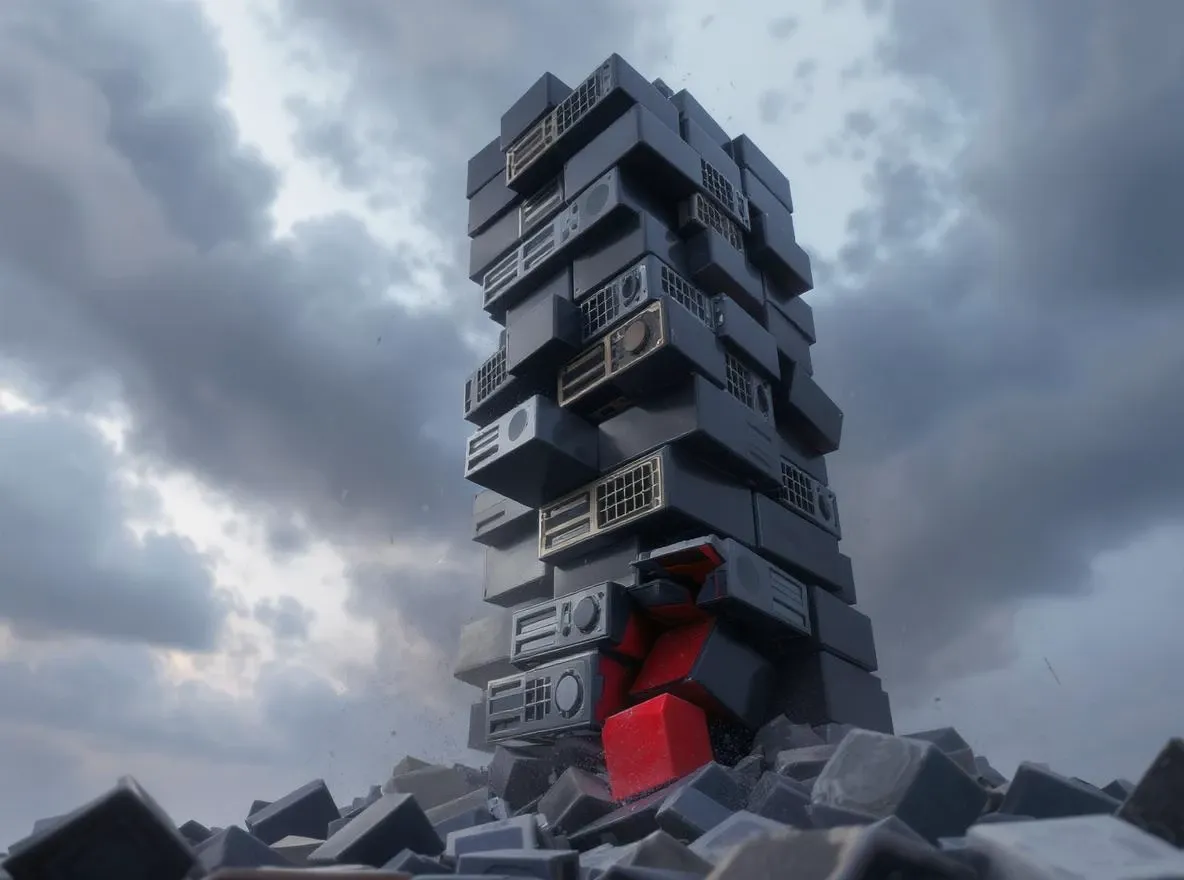 Tour Jenga de serveurs instable, bloc rouge retiré