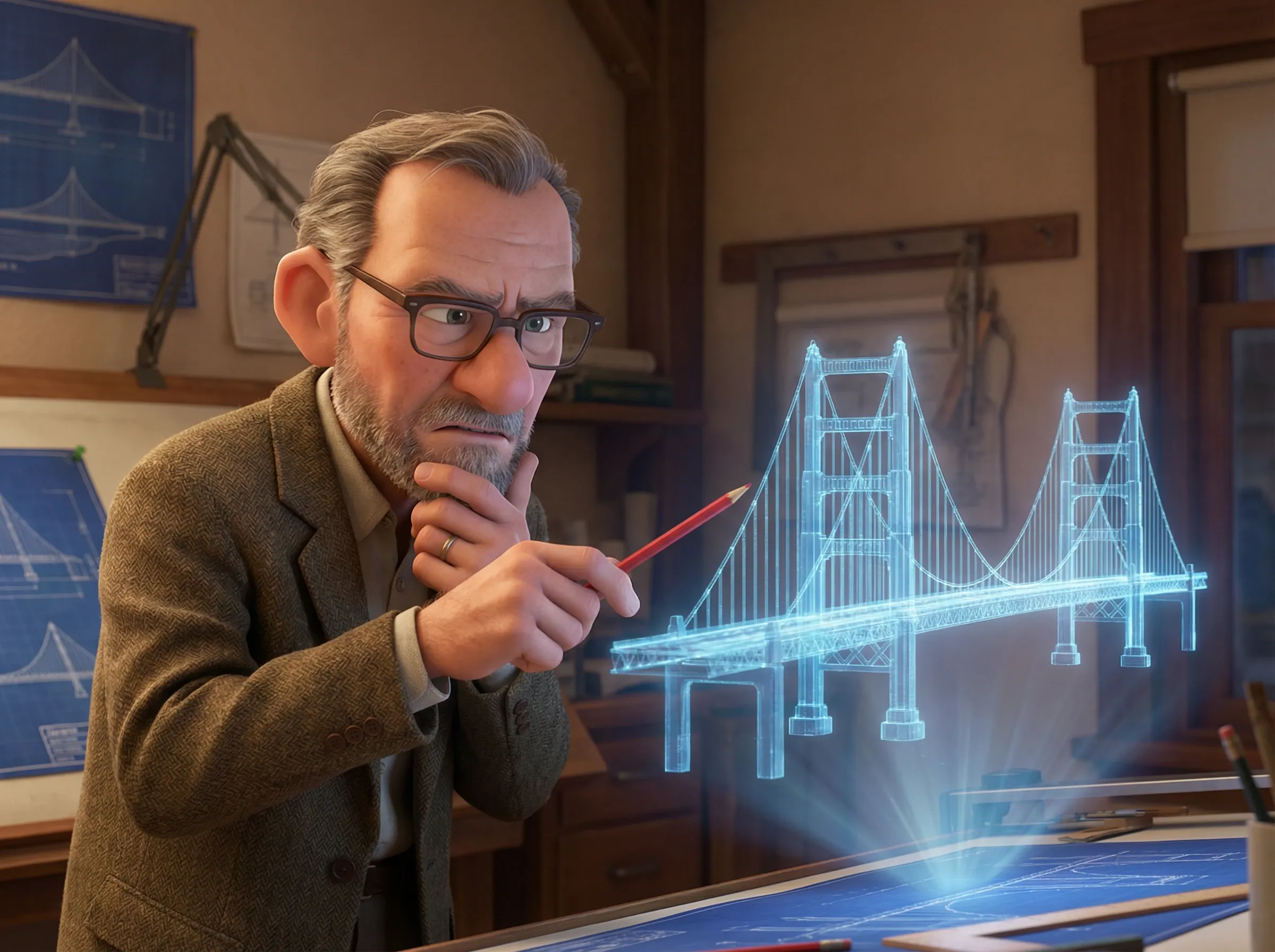 Architecte auditant un pont holographique