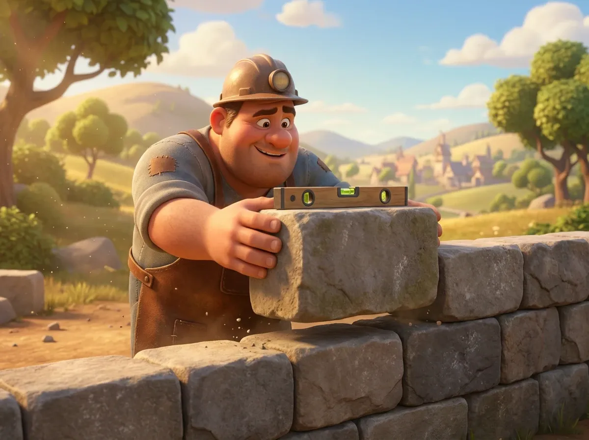 Maçon vérifiant mur de pierre au niveau à bulle