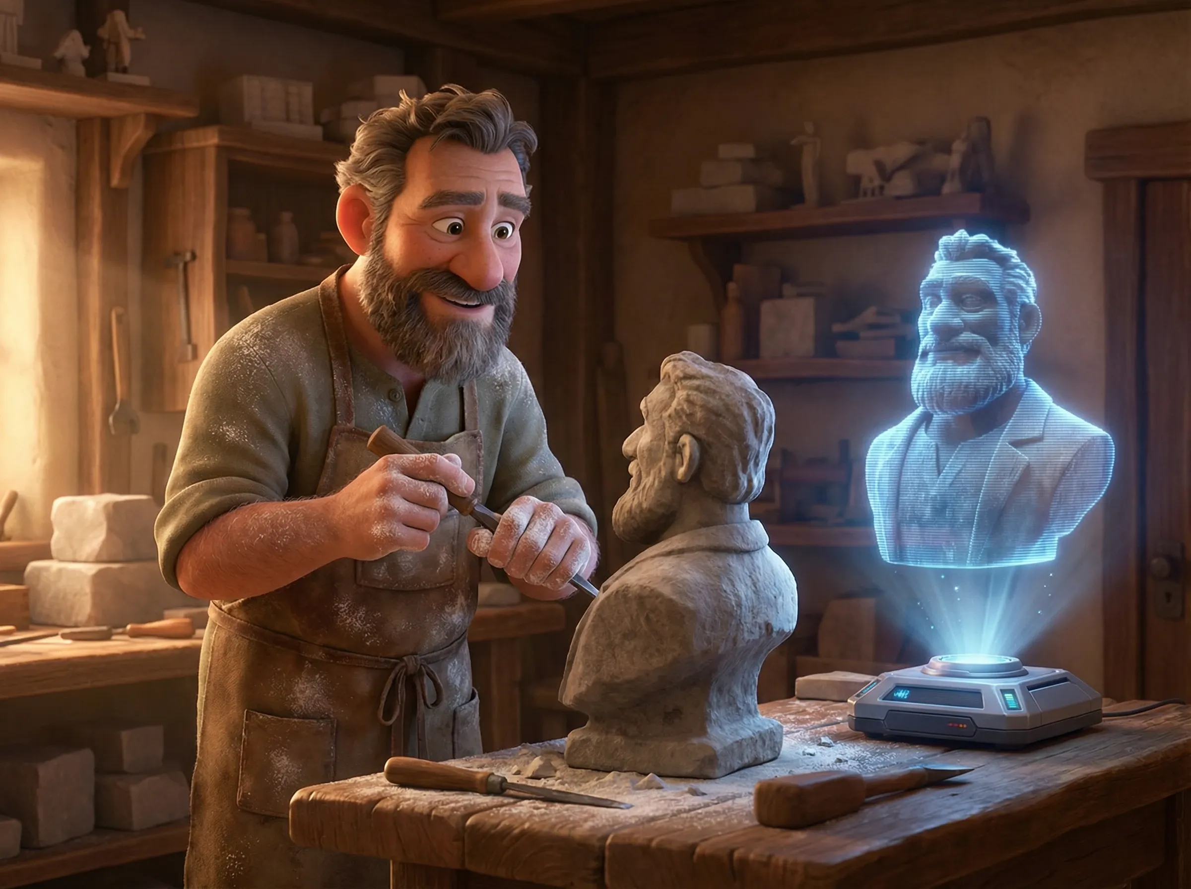 Sculpteur réel face à l'hologramme artificiel