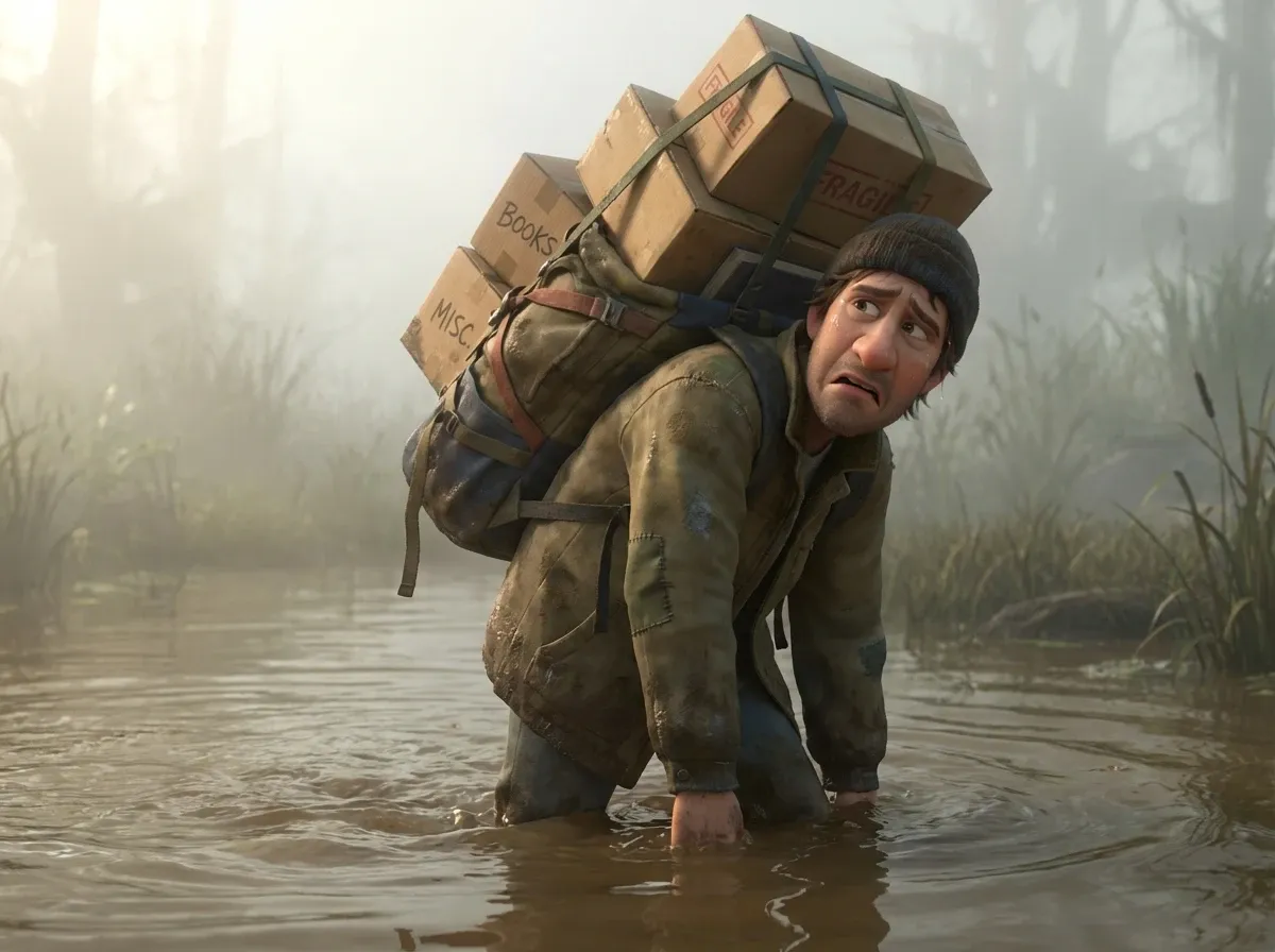 Homme accablé, sac à dos encombrant, eau boueuse