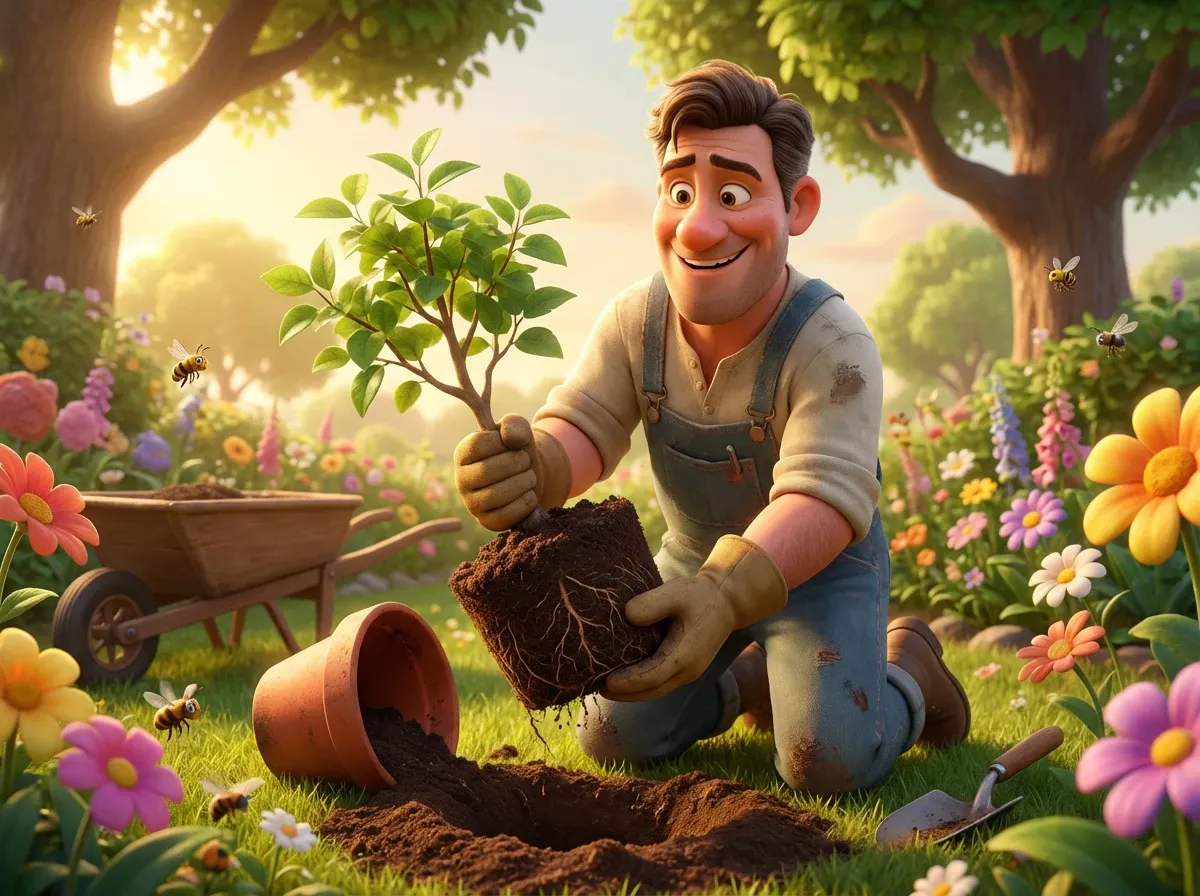 Jardinier transplante un jeune arbre vigoureux