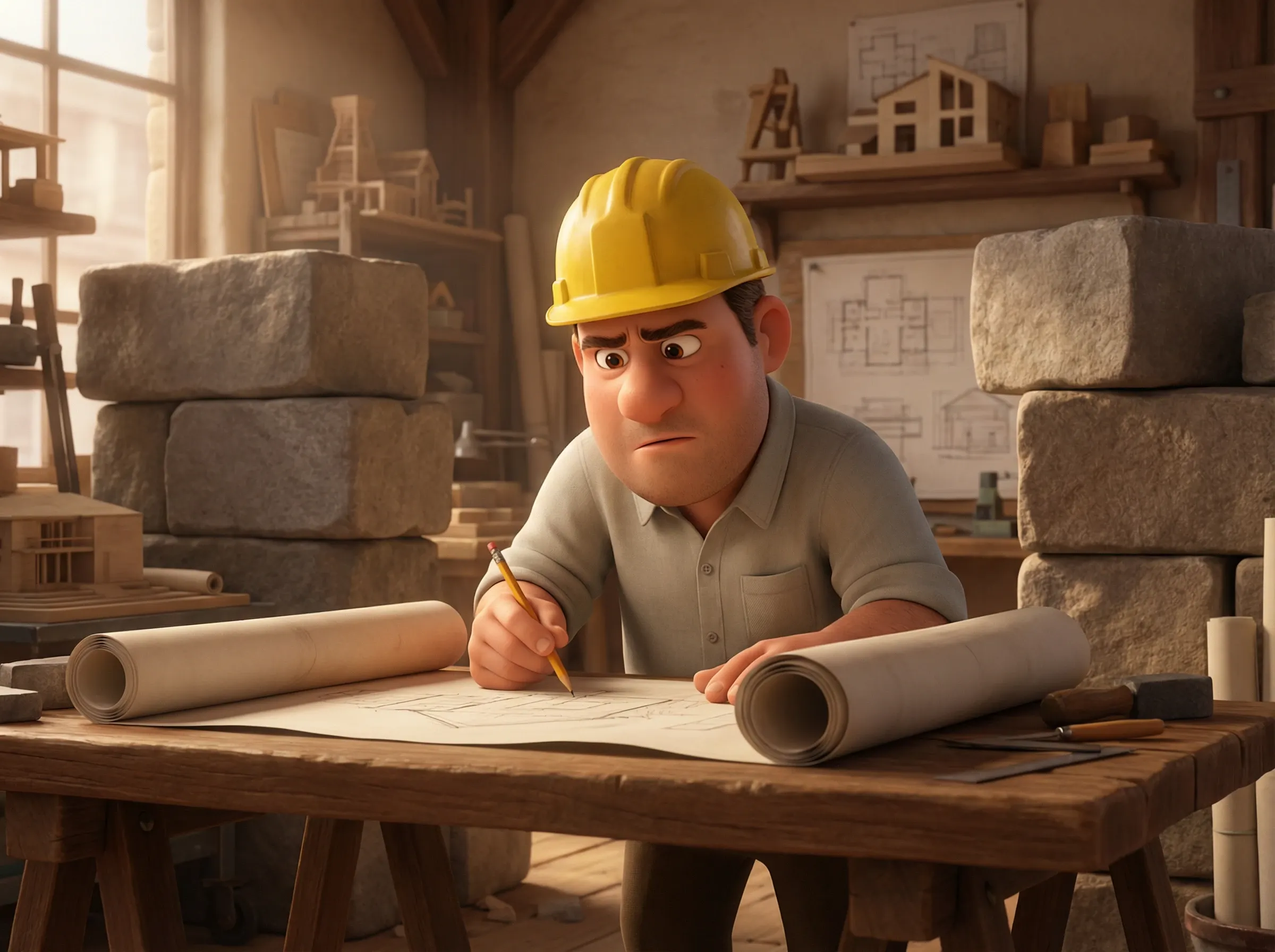 Architecte expérimenté sur plan avec blocs de pierre