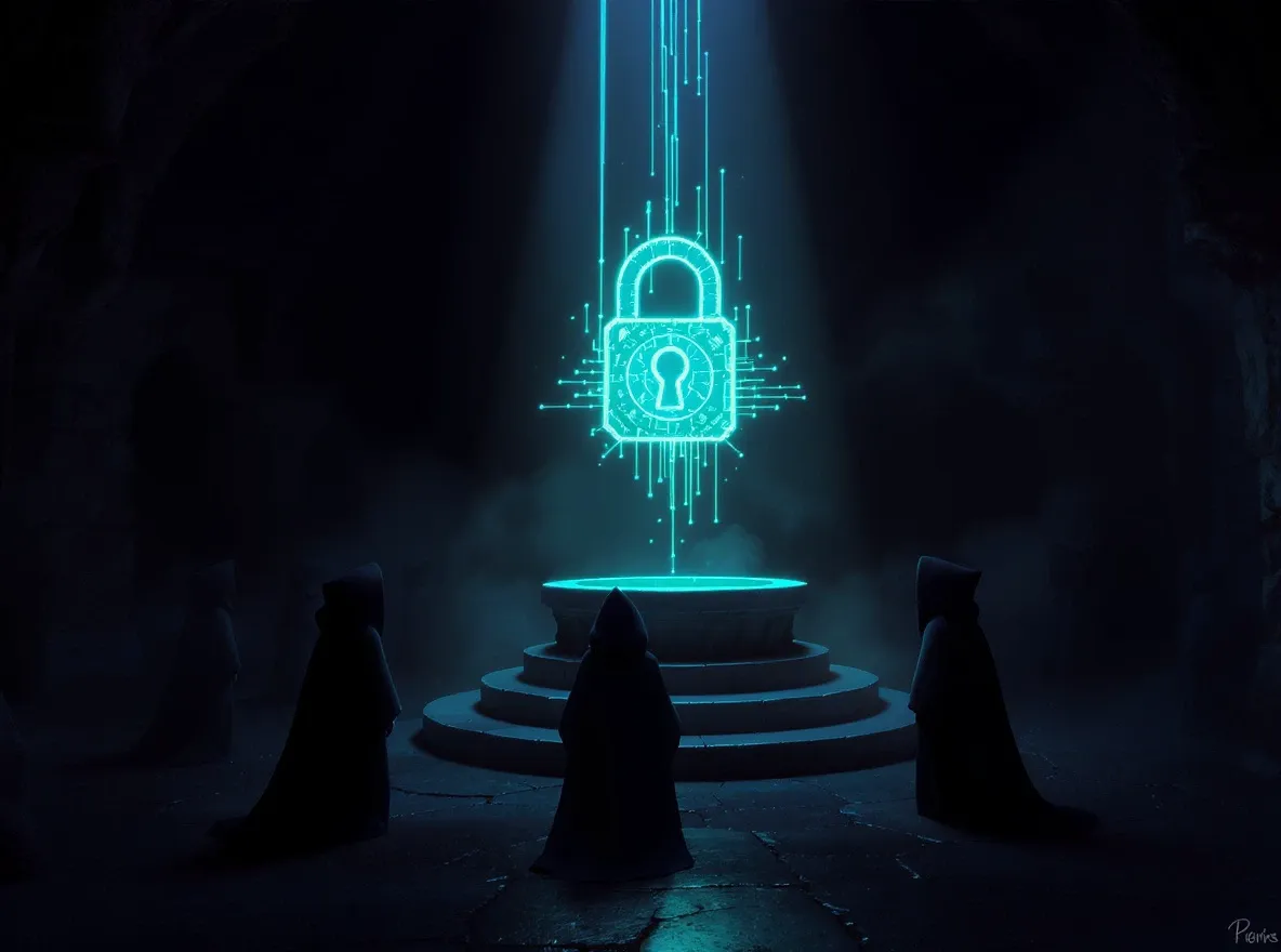 Sept figures encapuchonnées autour d'un cadenas holographique
