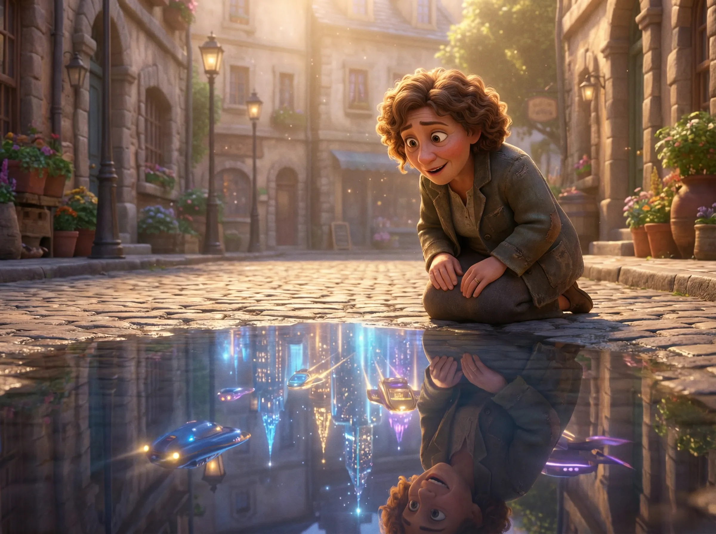 Reflet futuriste dans une flaque d'eau.