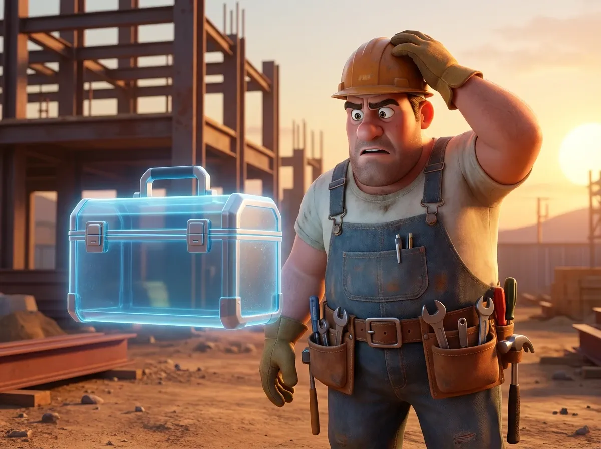 Ouvrier déconcerté devant caisse à outils flottante