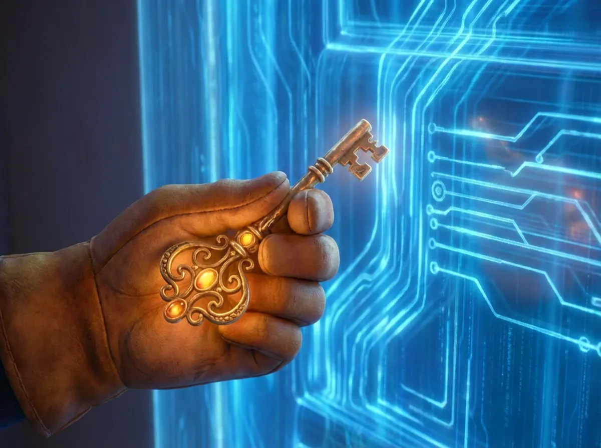 Clé dorée ancienne dévérouillant une porte numérique