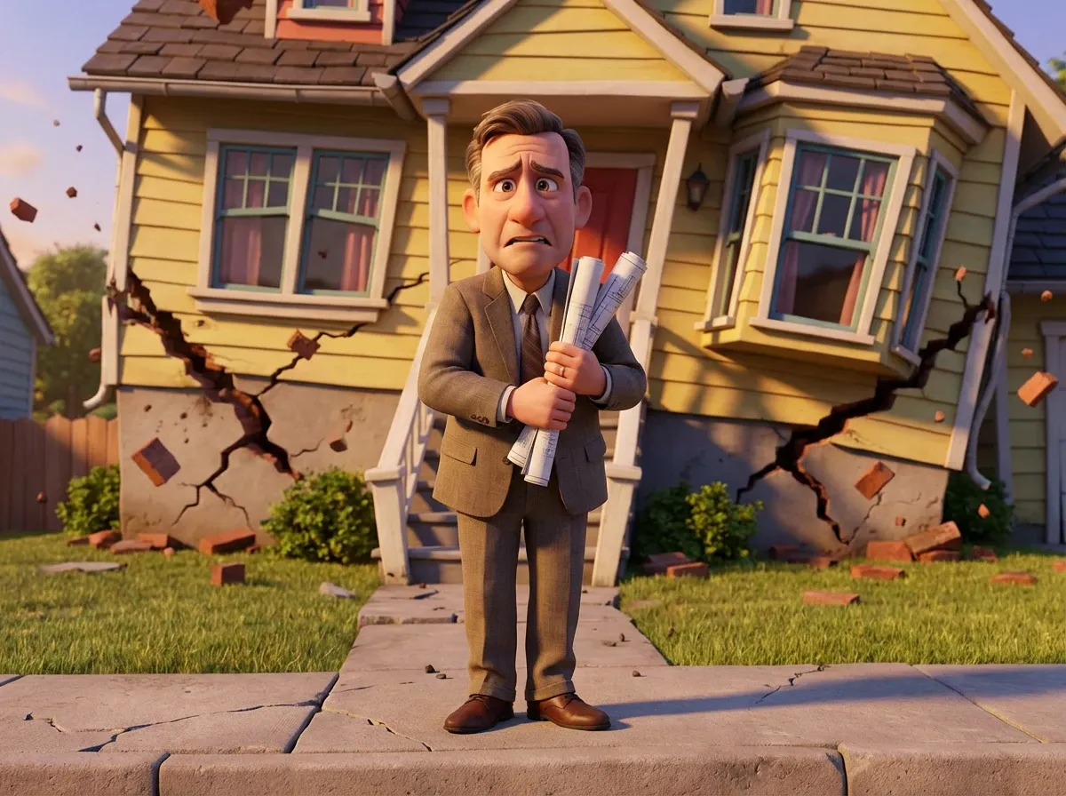 Homme et maison en ruine