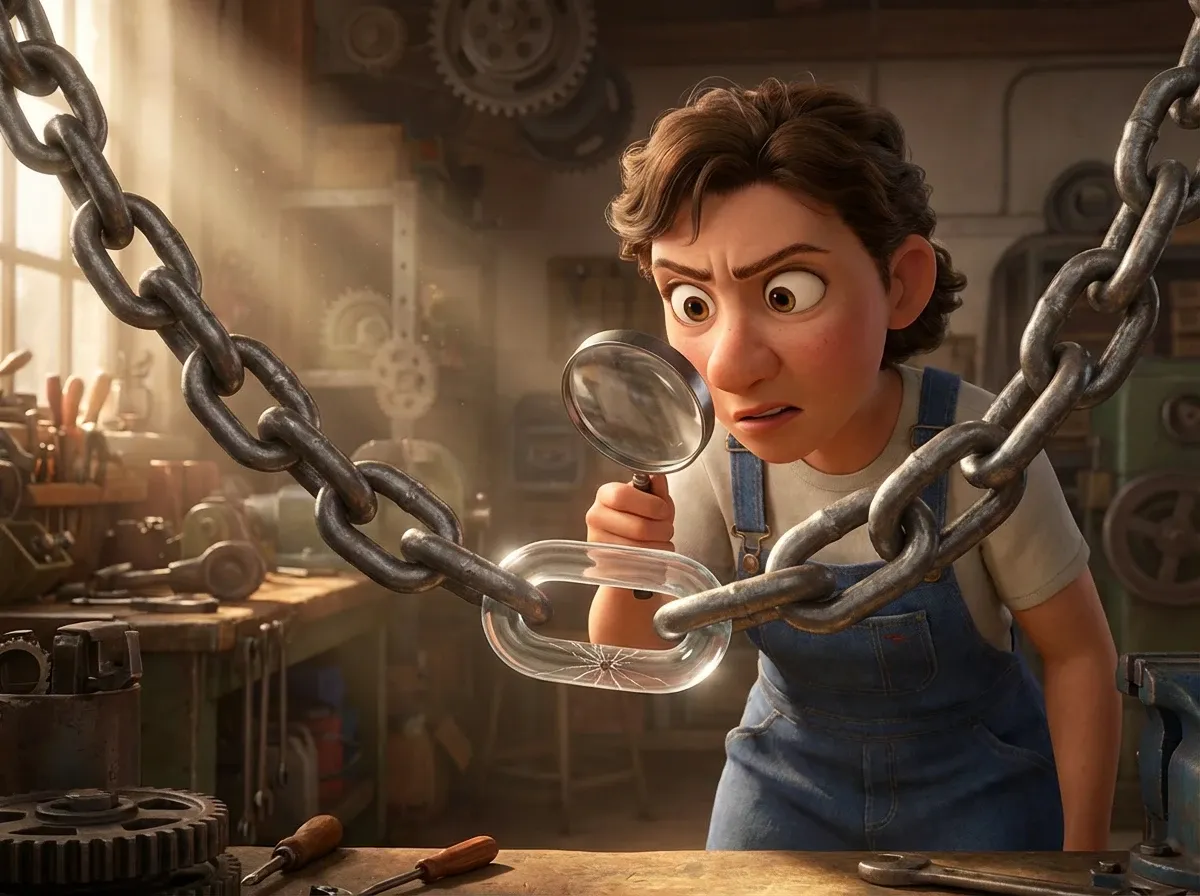 Mécanicienne examine maillon fragile d'une chaîne robuste