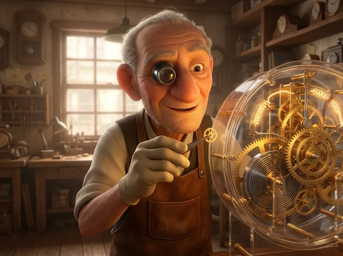 Horloger ajustant mécanismes d'horloge complexe