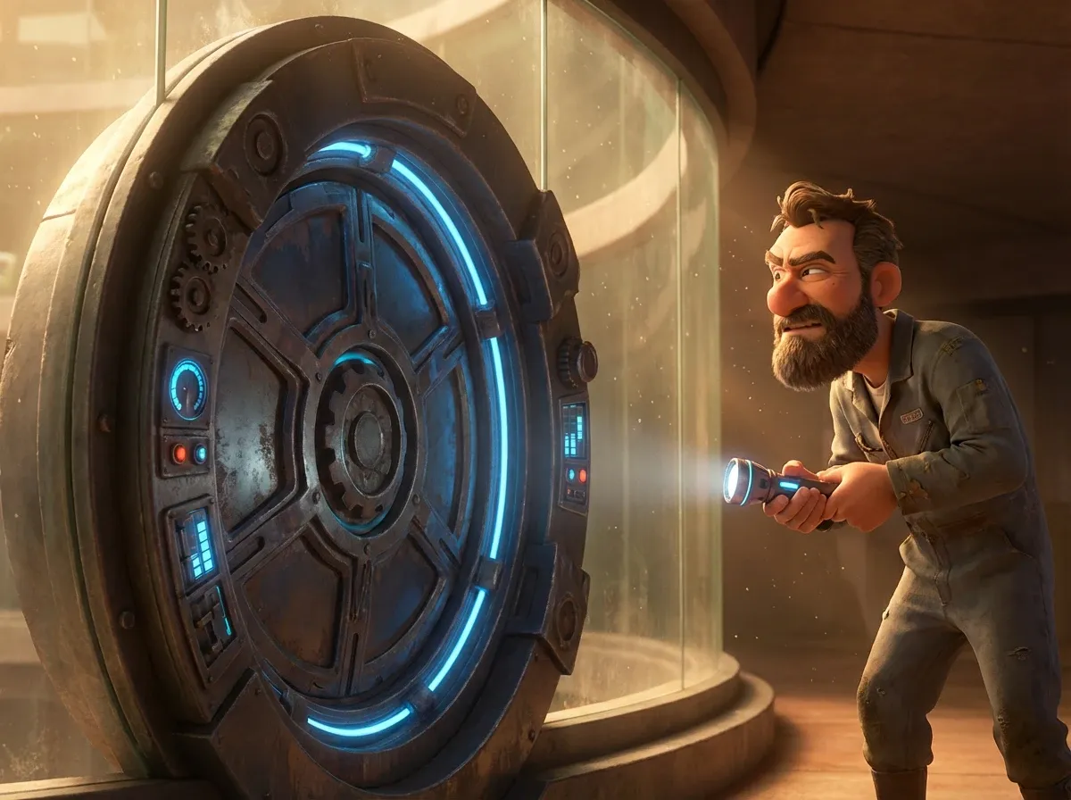 Expert vérifiant porte blindée futuriste