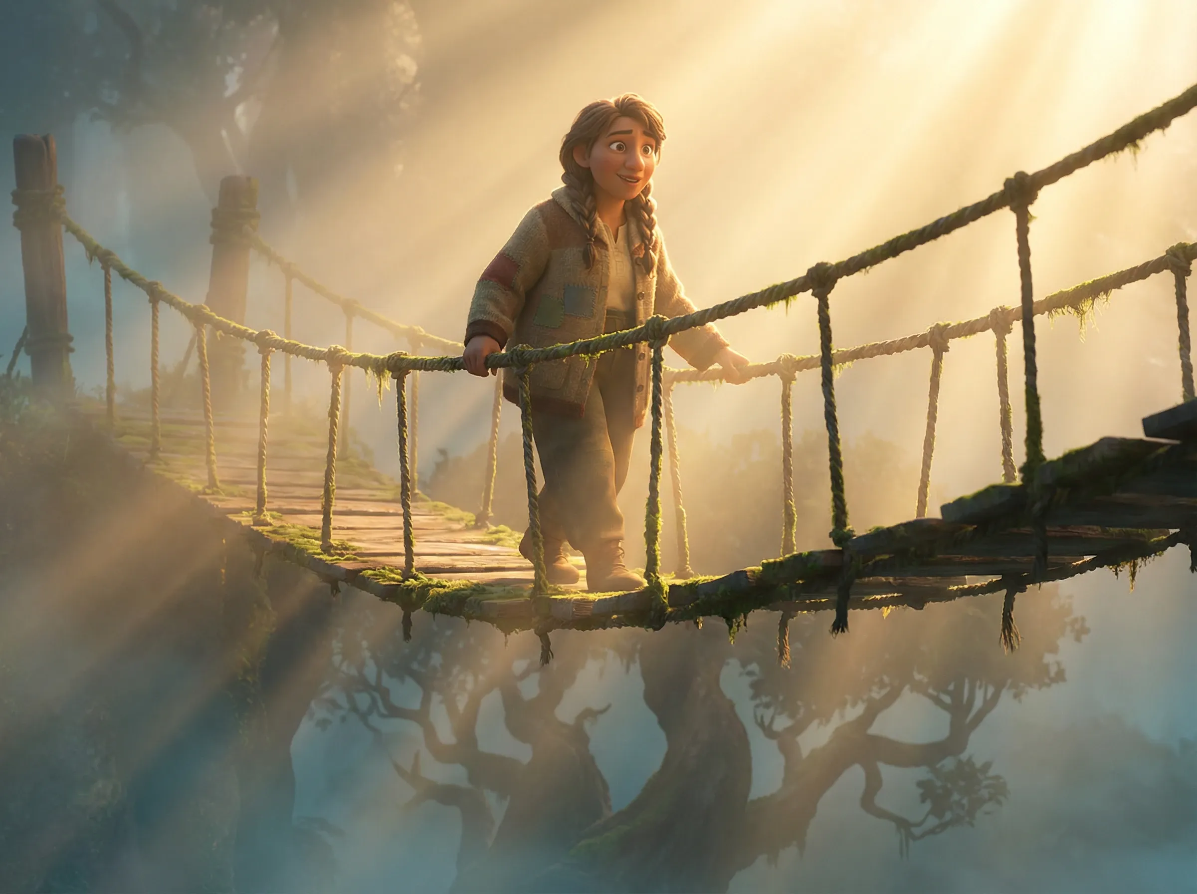 Femme sur pont de corde dans le brouillard