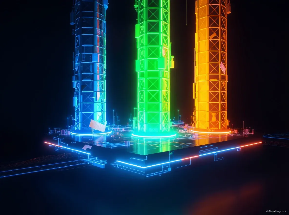 Piliers lumineux 3D soutenant plateforme de données
