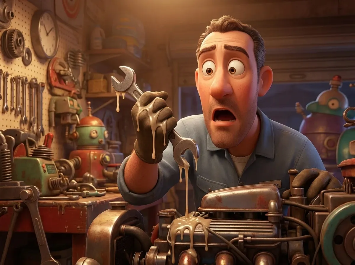 Mécanicien, clé qui fond, moteur complexe