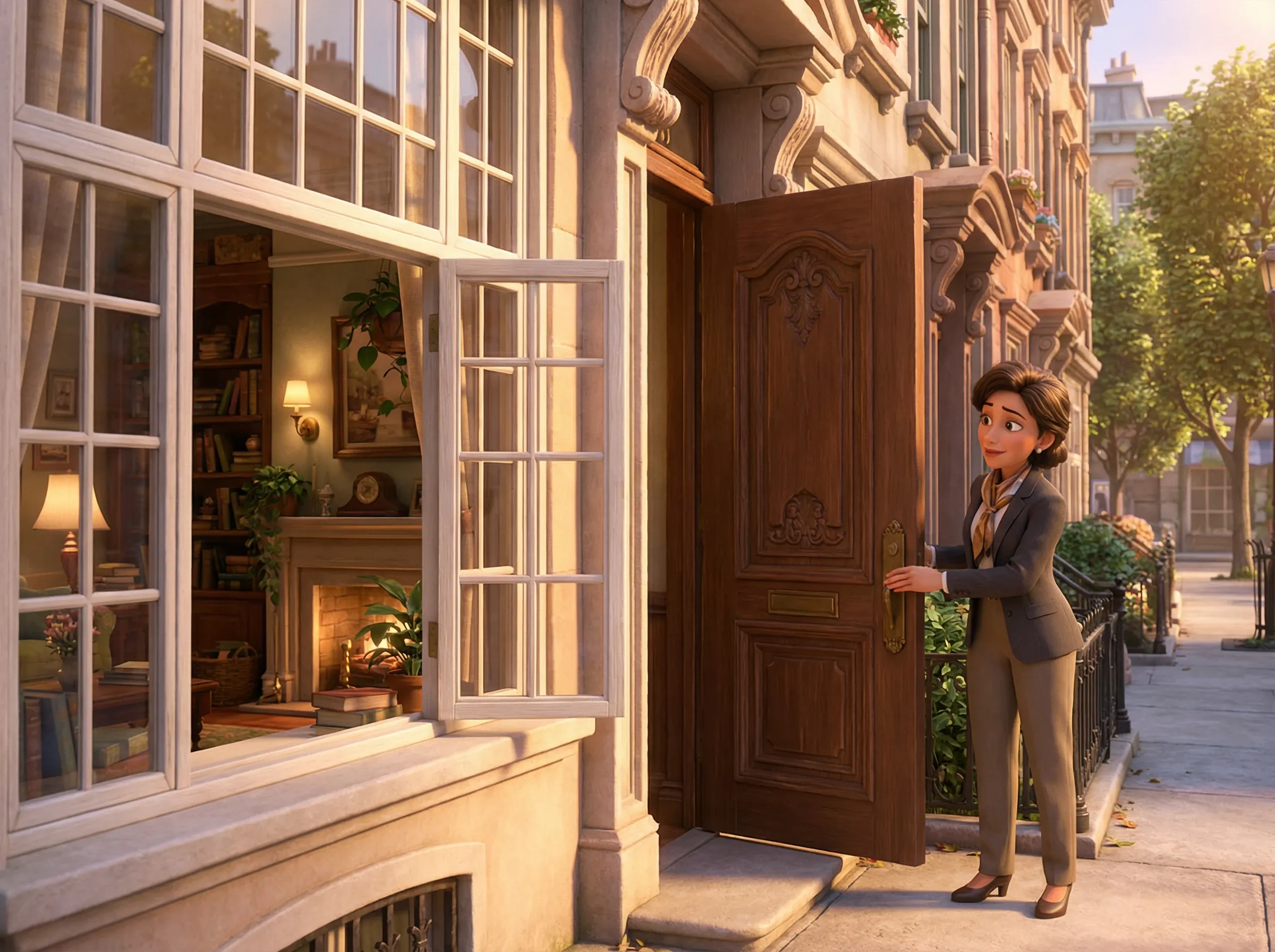 Femme fermant la porte de sa maison, fenêtre ouverte