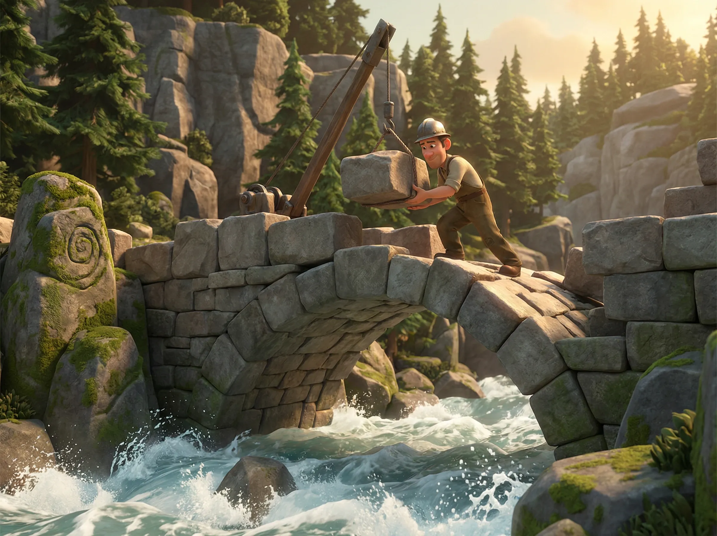 Architecte construisant un pont de pierre sur rivière agitée