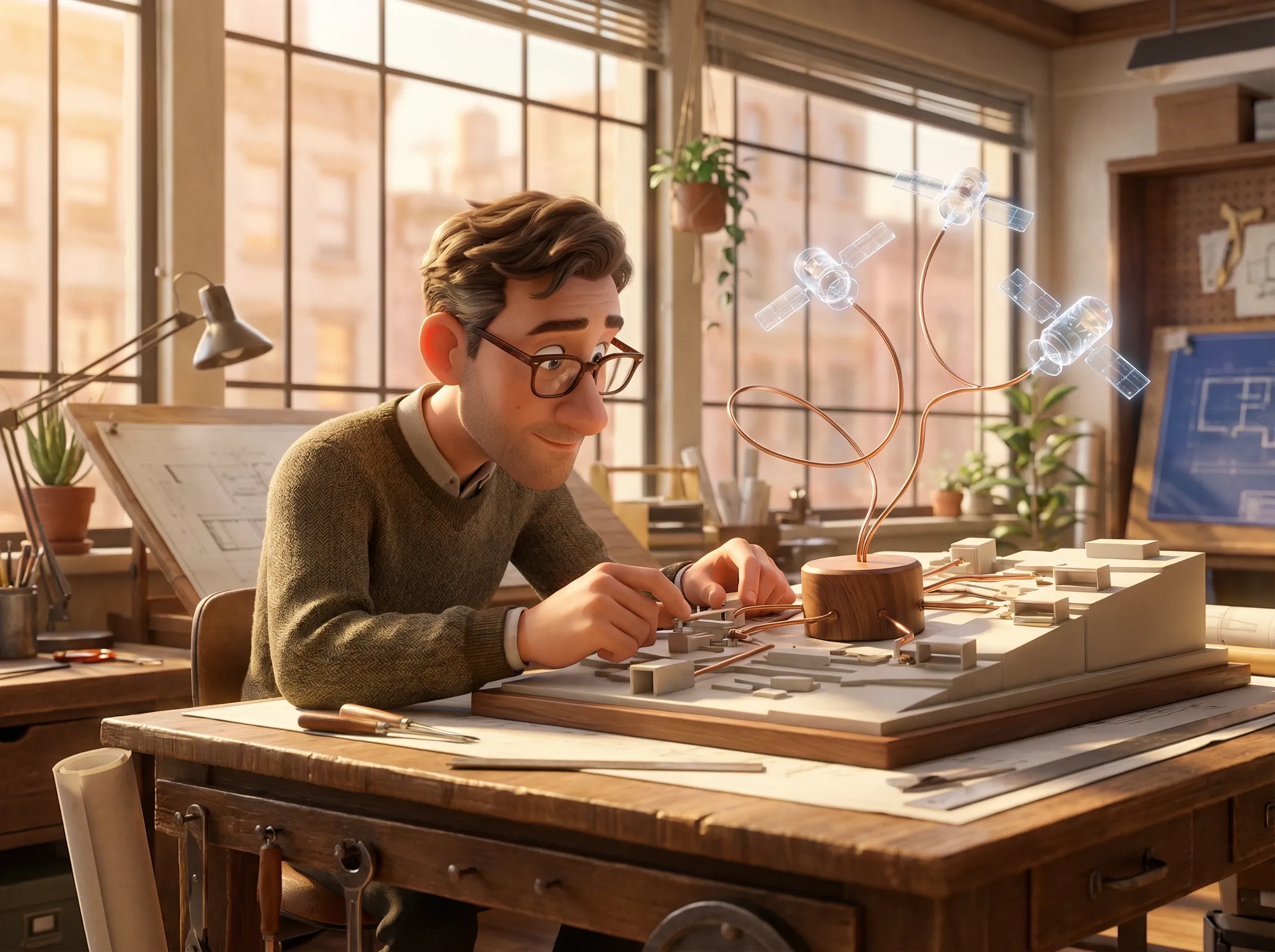 Architecte ajustant une maquette complexe de hub central