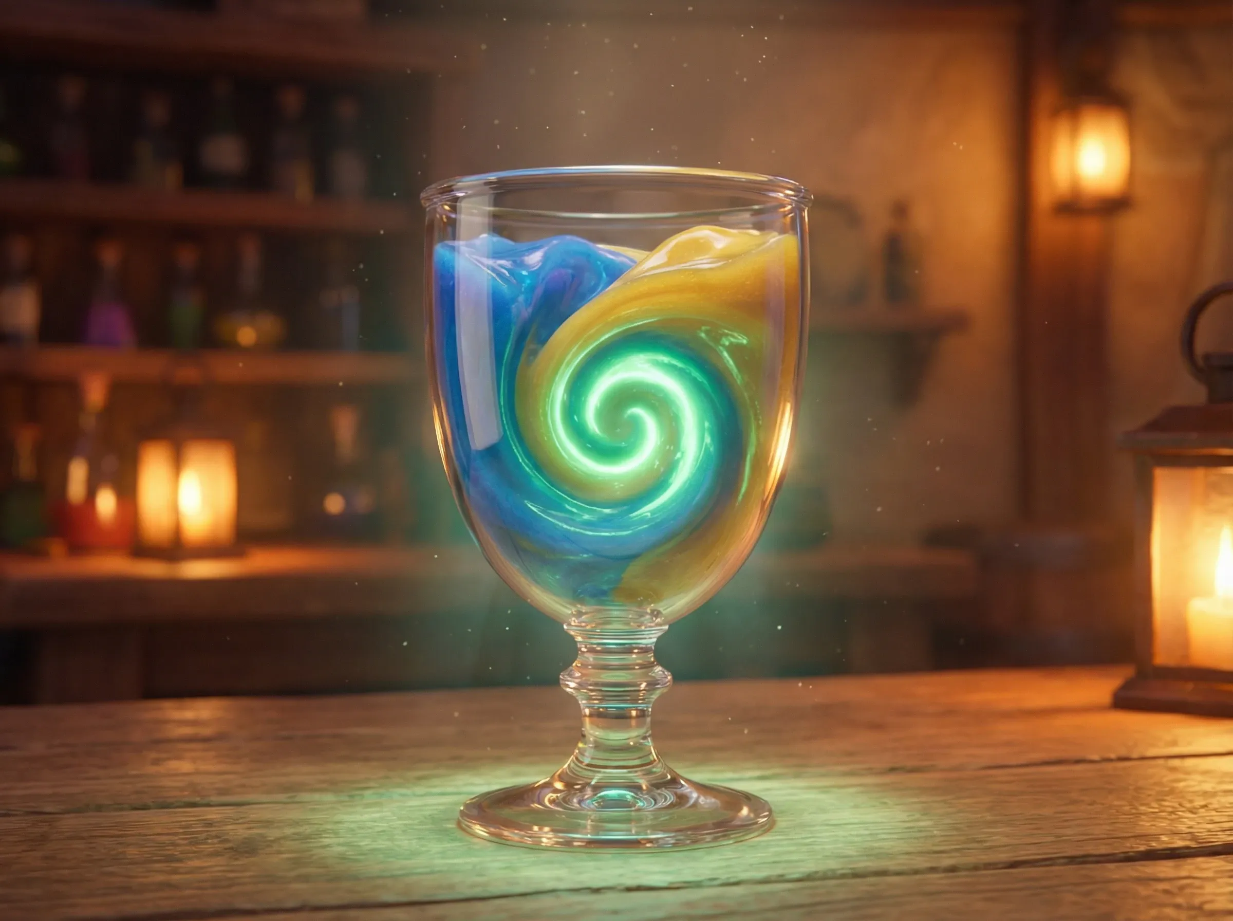 Mélange de liquides bleu et jaune en vert