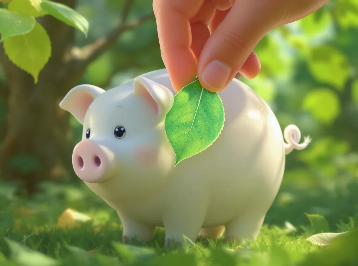 Épargne écologique: feuille dans tirelire cochon