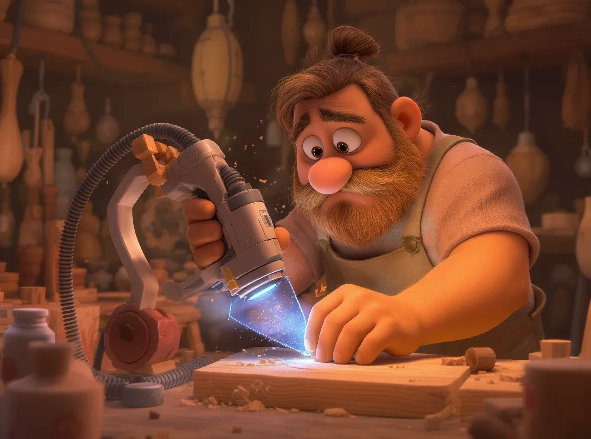 Artisan sculpte bois avec outil lumineux