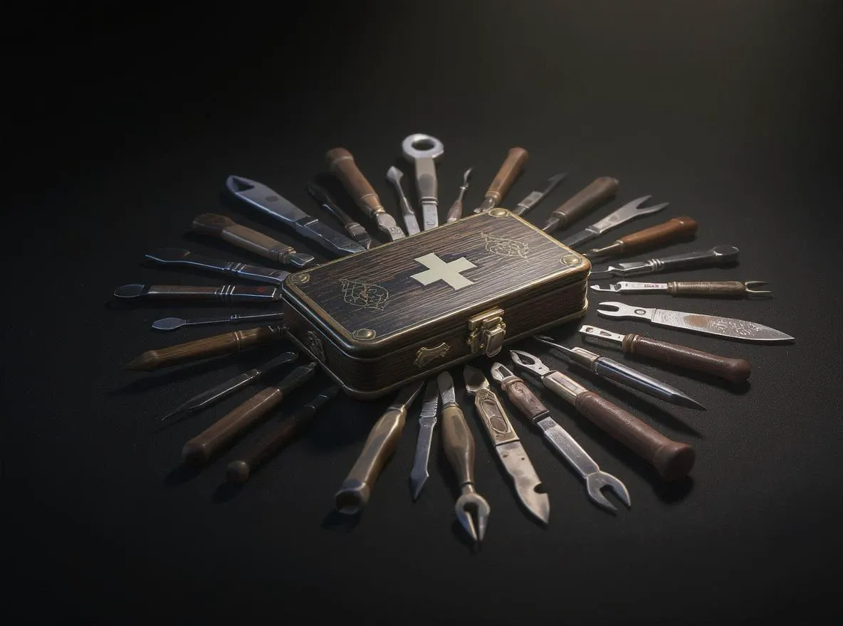 Couteau suisse ancien, outils déployés usés