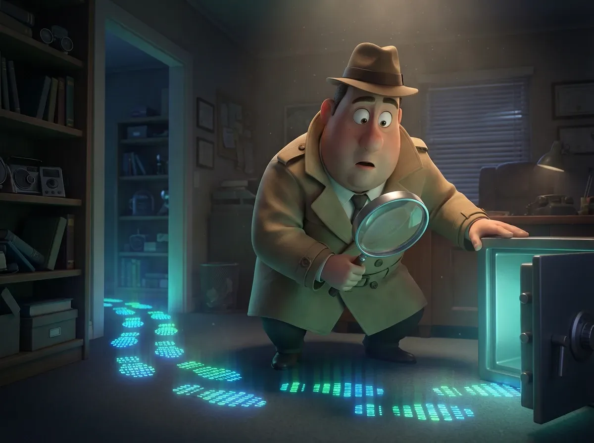 Détective devant coffre, fuite de données numériques