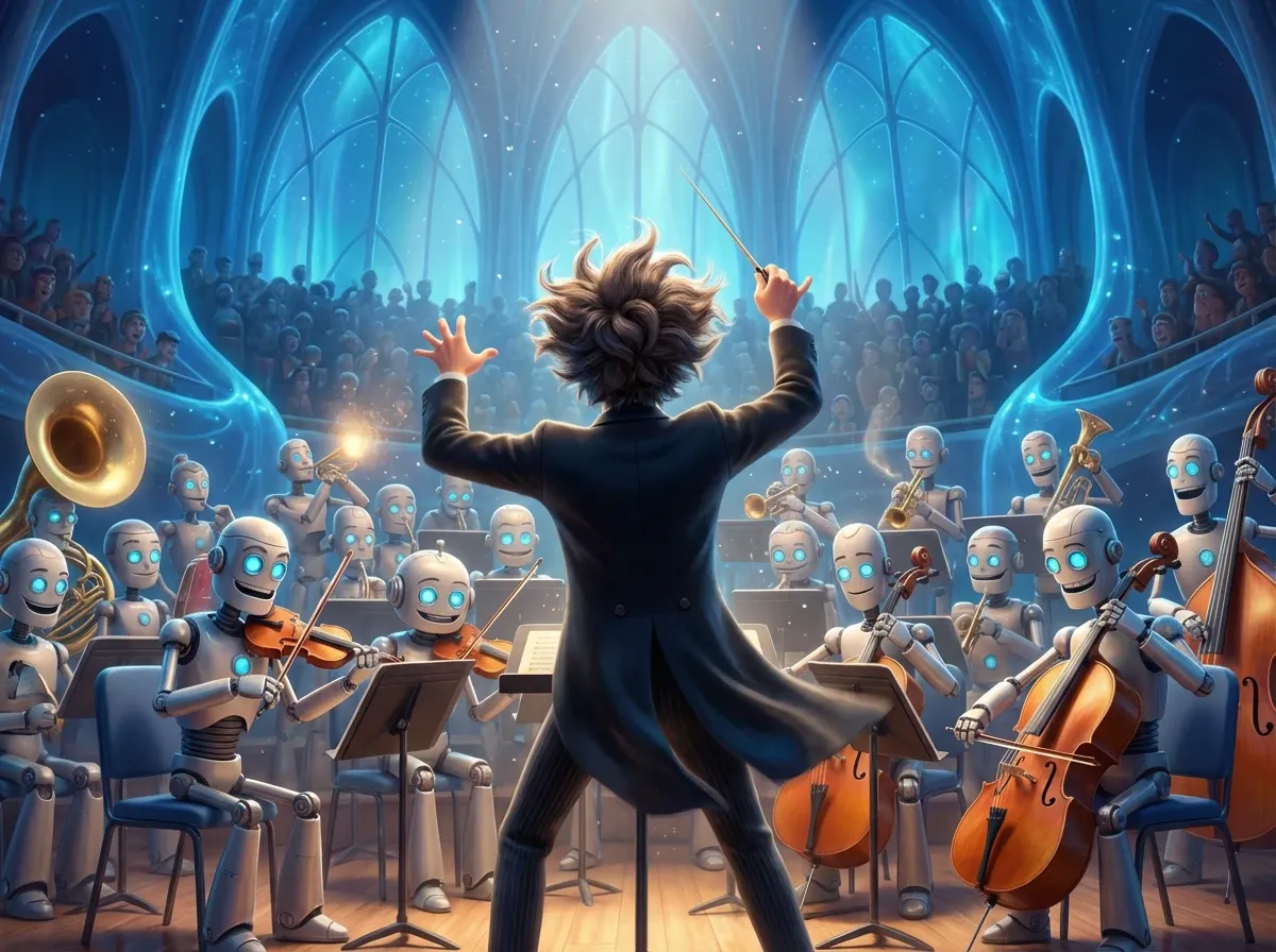 Chef humain dirige orchestre de robots musiciens