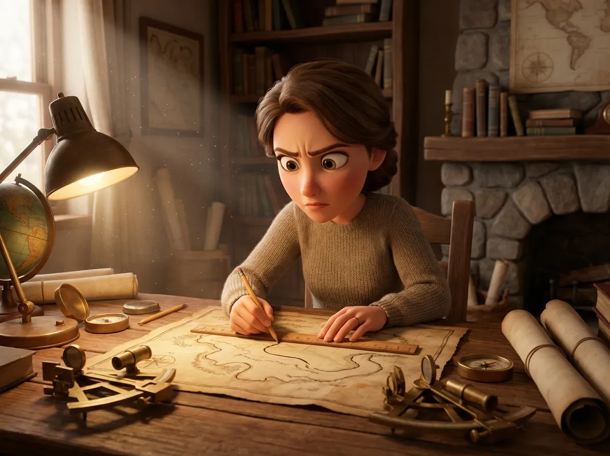 Femme trace un itinéraire avec règle et boussole