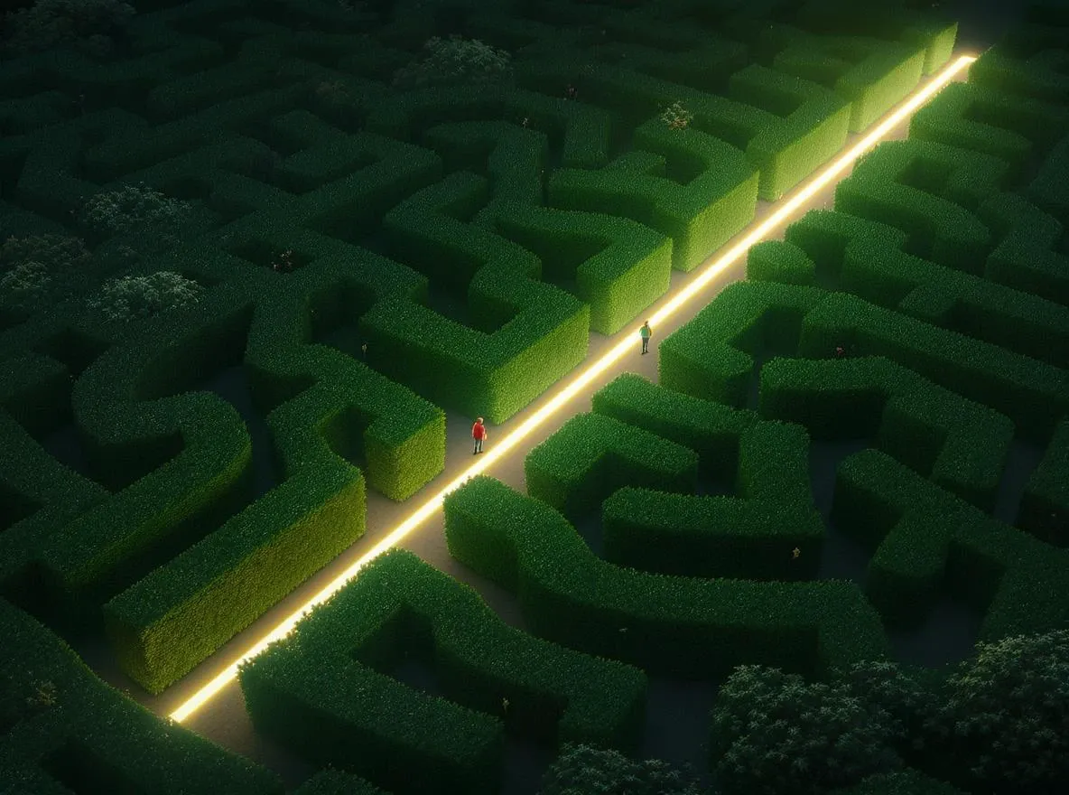 Lumière guide dans labyrinthe haie sombre