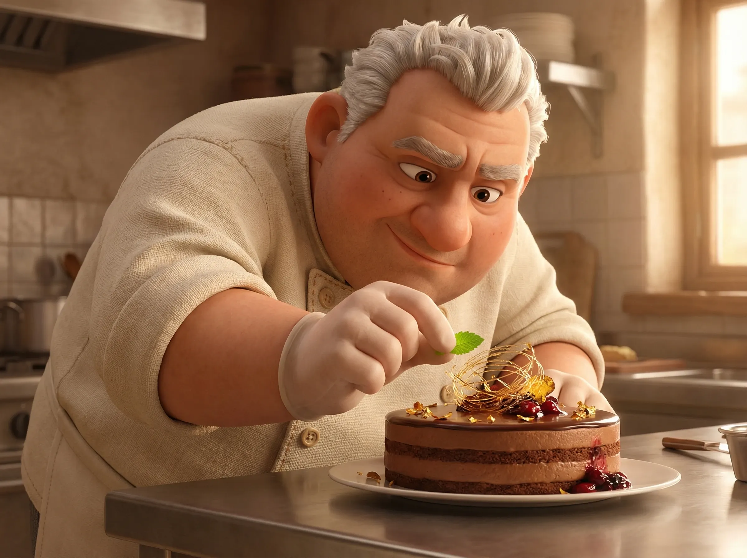 Chef décore dessert, touche finale menthe