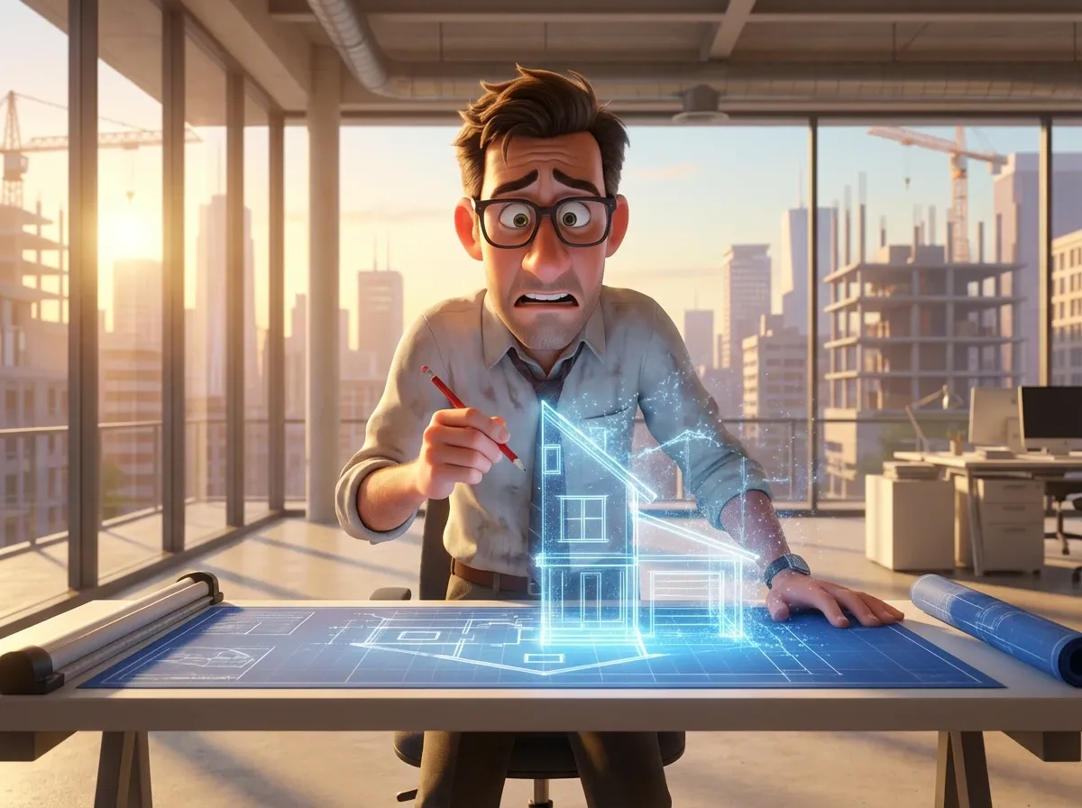 Architecte perplexe devant un plan évanescent