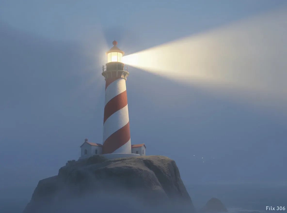 Phare sur roc éclaire brume épaisse