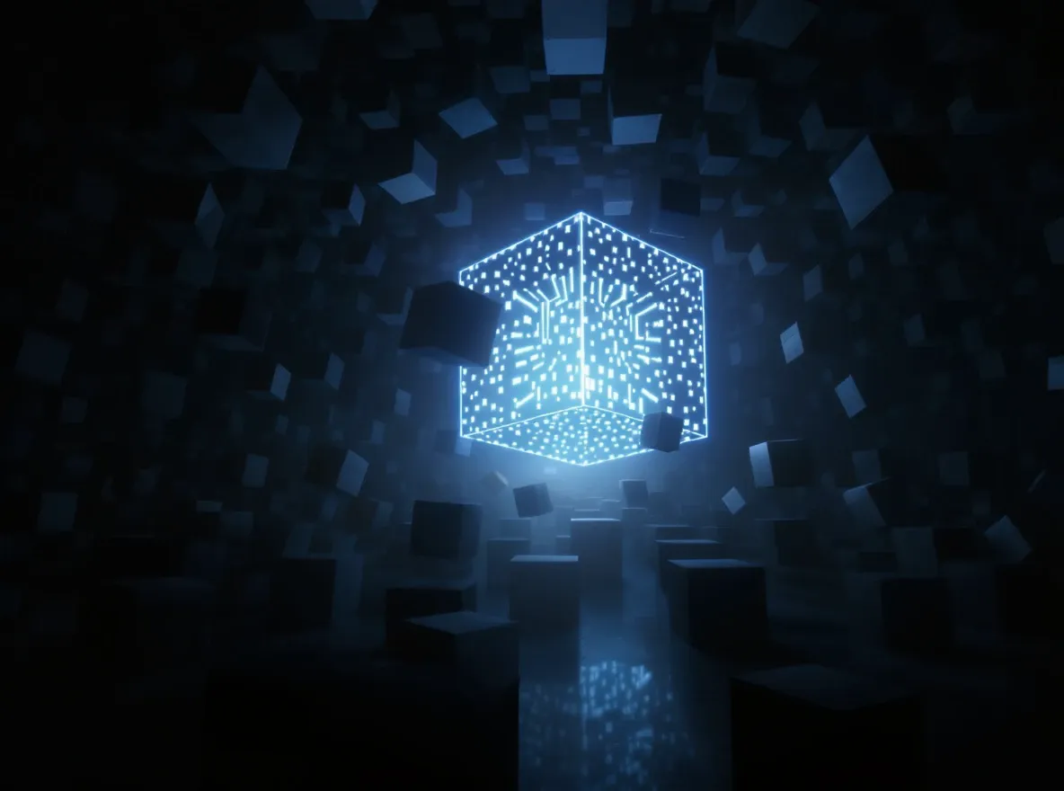 Cube lumineux aux motifs abstraits dans le vide