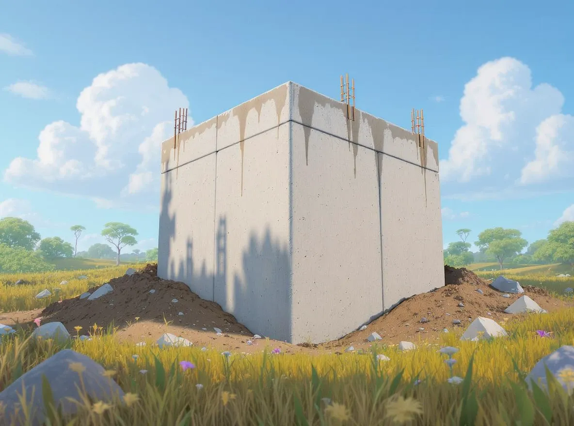 Fondation béton stable en champ en friche