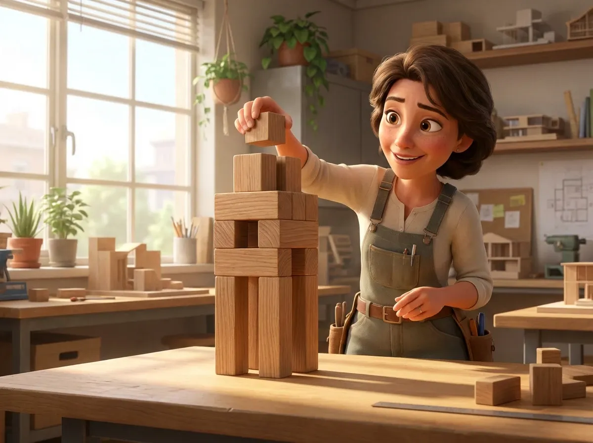 Architecte achevant sa tour en blocs de bois