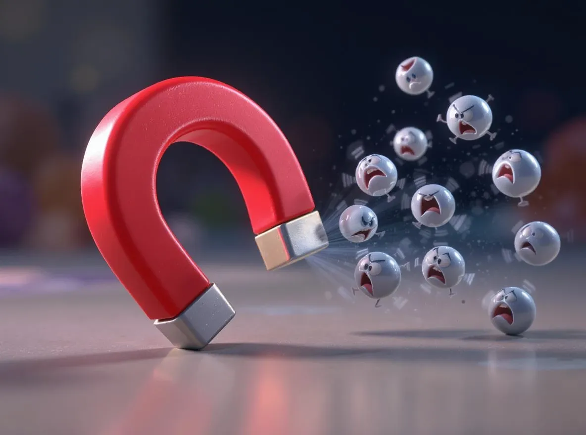 Aimant rouge attirant des billes métalliques