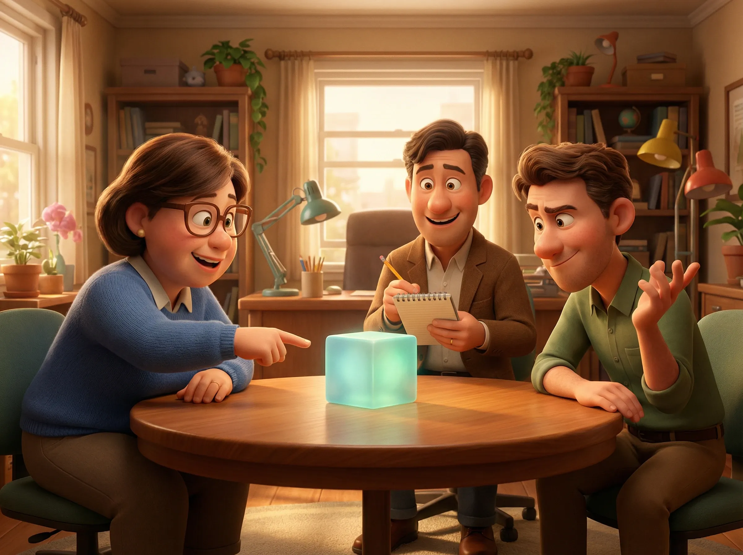 Professionnels en réunion autour d'un cube interactif