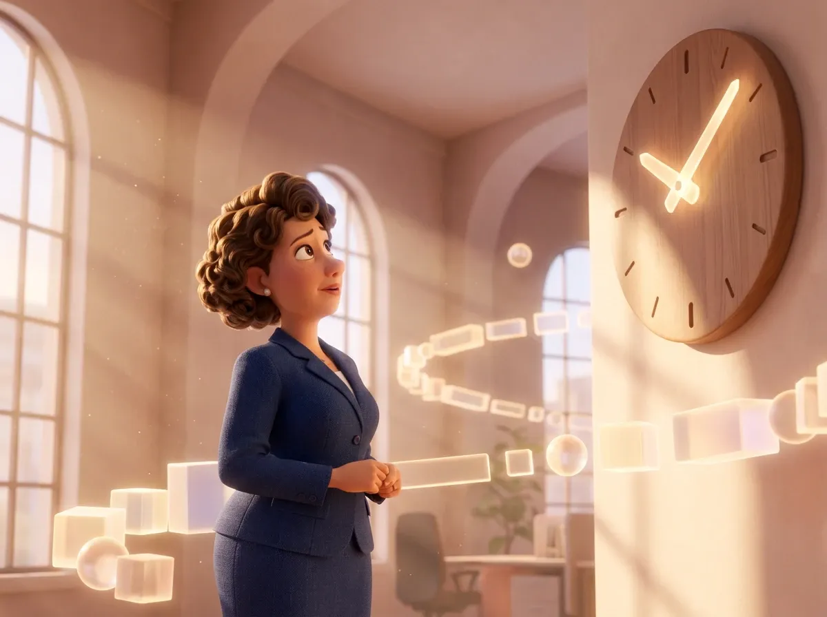 Femme devant horloge, formes géométriques cheminement