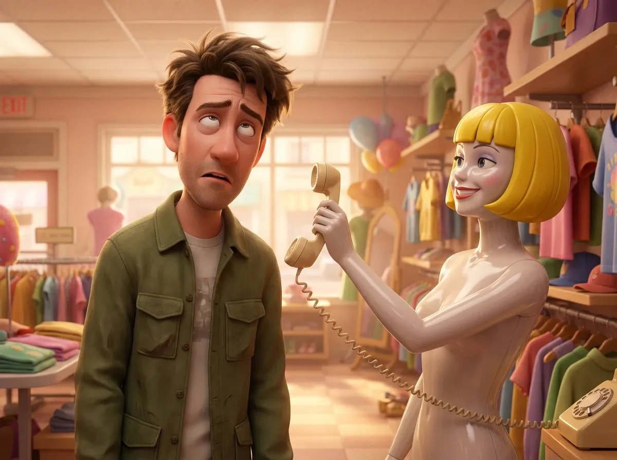 Client frustré, mannequin souriant, sans empathie