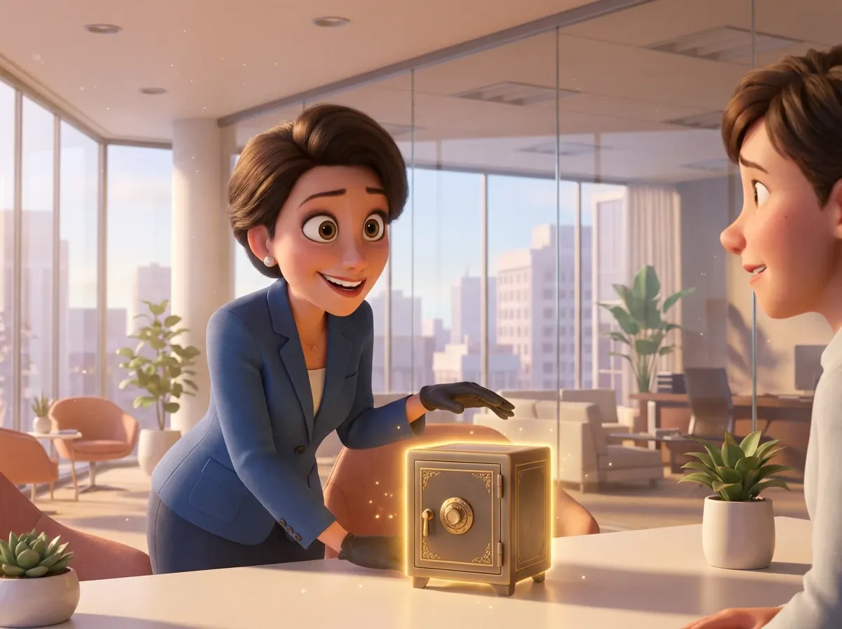 Femme protégeant un trésor lumineux dans un bureau